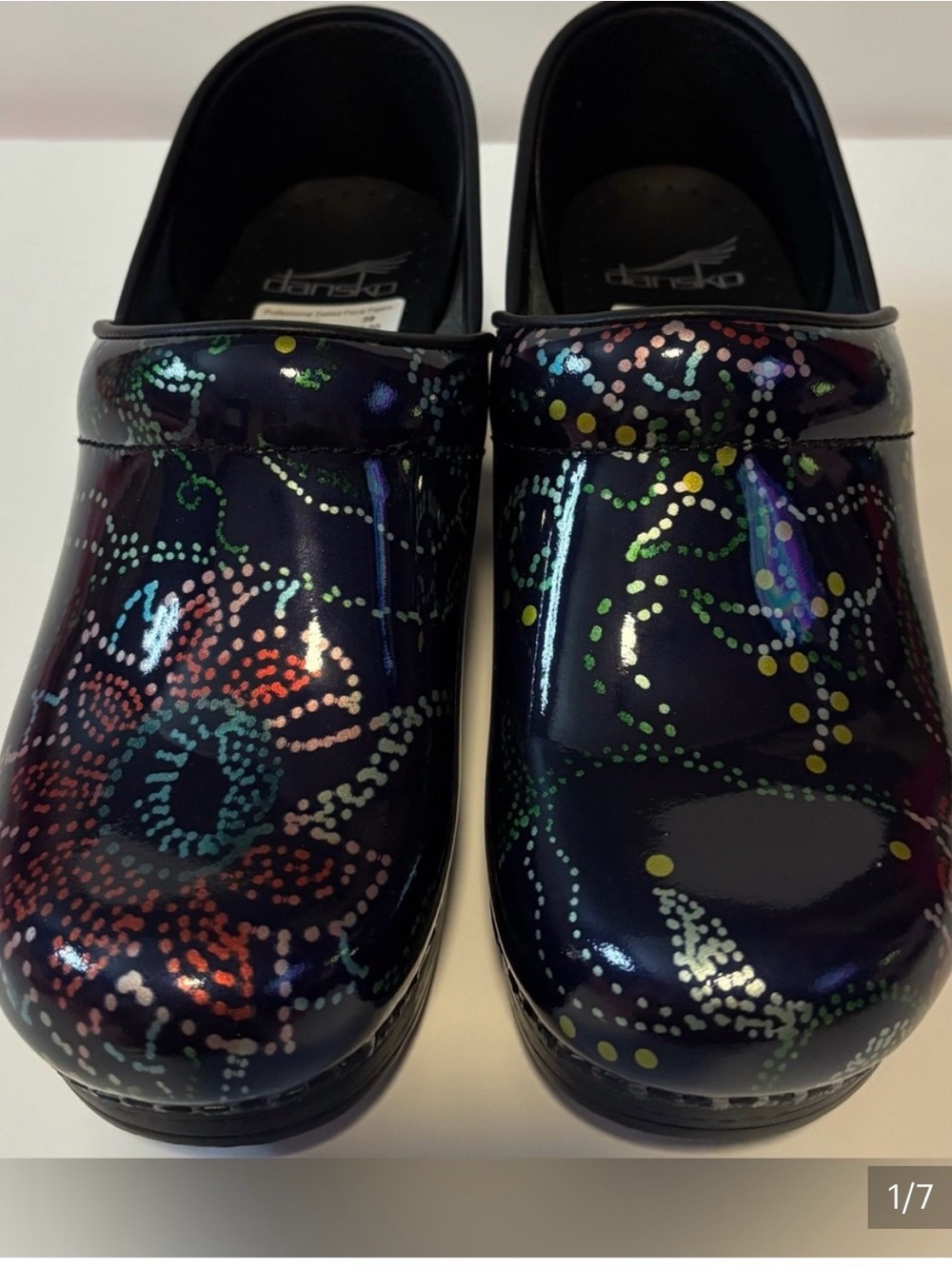 Dansko Professional Dotted Floral Patent Clogs EU 38 Black Multicolor NWOT